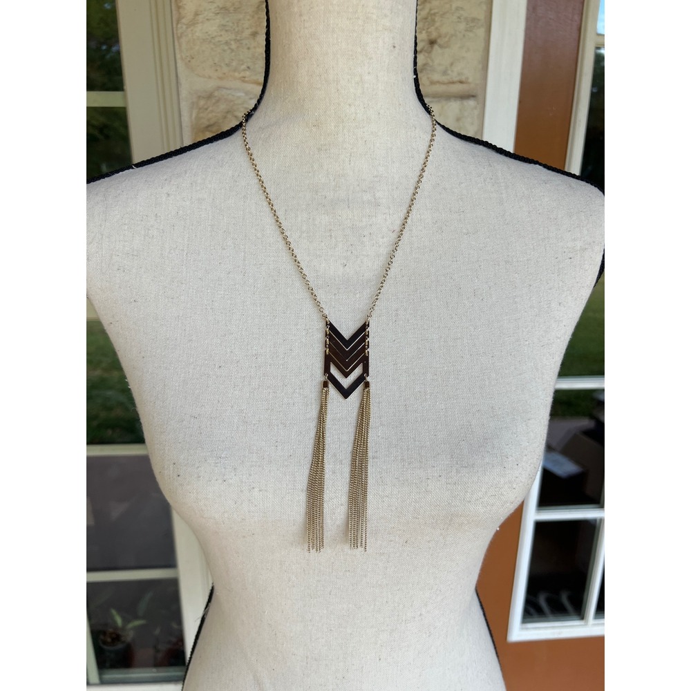 Lydell NYC Gold Tone Black Enamel Chevron Tassel Pendant Long Necklace NEW